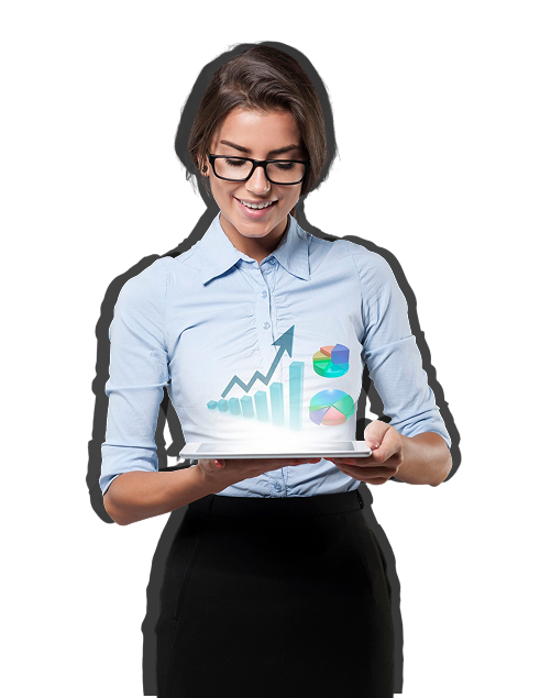 Mulher de negócios analisando dados que refletem o sucesso do seu negócio após contratar a Mabru Consultoria